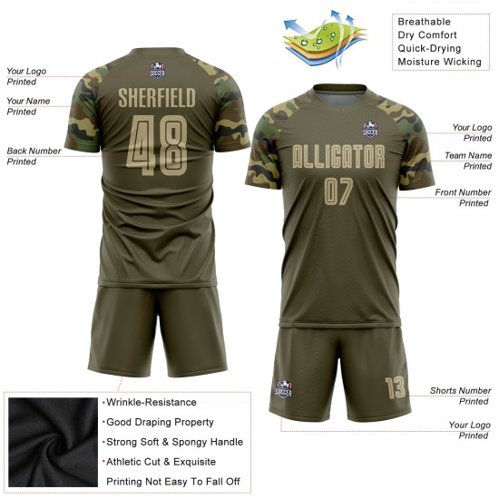Gold-Camo Sublimation Salute To Service Uniform Soccer Olive Custom Jersey Vegas