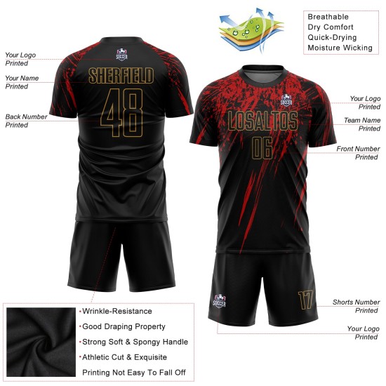 Custom Old Sublimation Uniform Black Gold-Red Black Jersey Soccer